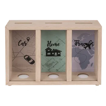 Pokladnička Dřevěná pokladnička se 3 přihrádkami - Car, Home, Travel