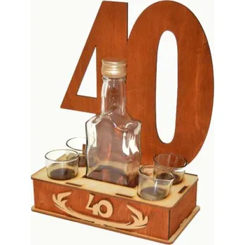 Žertovný předmět Dřevěný stojan s lahvičkou a štamprlíčkami s věkem 40