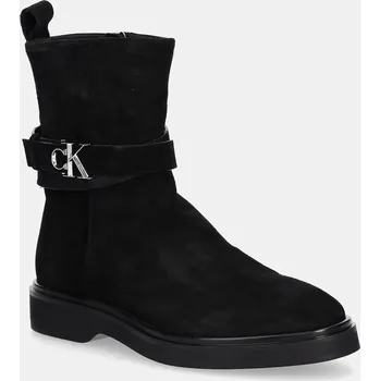 Dámské kozačky Semišové boty Calvin Klein ANKLE BOOT W/ METAL LOGO SUE dámské, černá barva, na plochém podpatku, HW0HW02664 99X, EUR 37