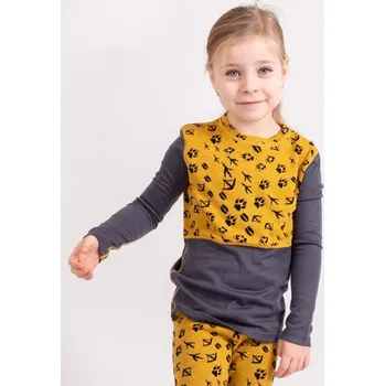Dívčí oblečení Unuo, Dětské merino triko s dlouhým rukávem Nature, Hořčicová, Lesní stopy - 98/104