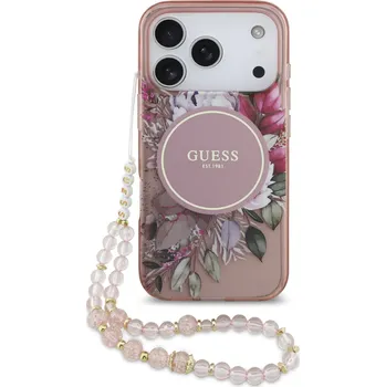 Pouzdro na mobilní telefon Guess IML Flowers Strap MagSafe Zadní Kryt pro iPhone 17 Pro Barva: Růžová