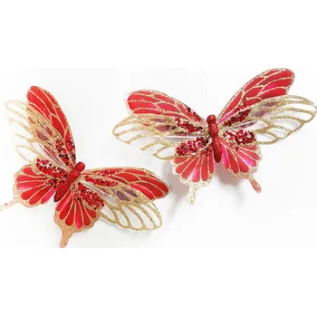 Vánoční ozdoba Motýl na skřipci, 17 cm, čeveno-zlatý, sada 2 ks
