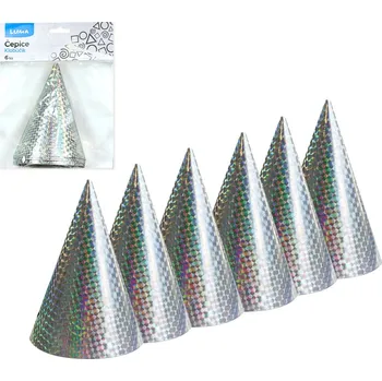 Karnevalový doplněk Papírová párty čepice Luma, 15cm, laser stříbrná, 6ks