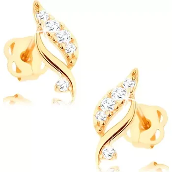Náušnice Náušnice ze žlutého 14K zlata - třpytivý lístek zdobený zirkony čiré barvy