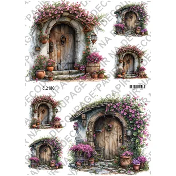 Umělecký papír Rýžový a soft papír na decoupage - Květinové zápraží, dveře - KB2180 Materiál: Soft, Rozměr: A4
