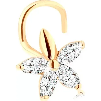 Piercing Zahnutý piercing do nosu ze zlata 585 - blýskavý kvítek z čirých zirkonů