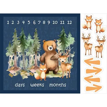 Imitace bavlny PANEL 160x120 - milníková deka lesní dobrodružství zvířátek tmavě modrá