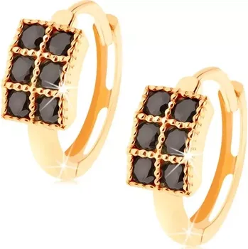 Náušnice Zlaté náušnice 14K kruhy s obdélníkem a šesti černými zirkony