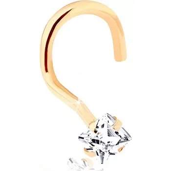 Piercing Zahnutý piercing do nosu ze žlutého 14K zlata - čirý zirkonový čtvereček