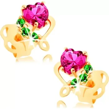Náušnice Zlaté náušnice 585 - růžové zirkonové srdíčko v lesklém obrysu, zelené zirkonky