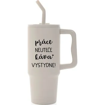 PRÁCE NEUTEČE, KÁVA VYSTYDNE! - béžový cestovní termohrnek 900 ml