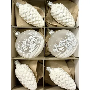 Vánoční ozdoba Irisa Bílé skleněné koule a šišky 7 cm – zimní krajina ( sada 6 ks ) Velikost: 7 cm, Balení: 6ks, Barva: bílá