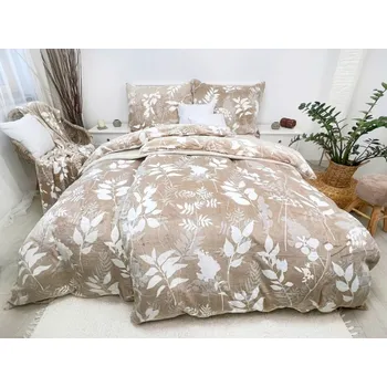 Povlečení Mikroplyšové povlečení mikroflanel LÍSTEK BÉŽOVÝ 70x90 140x200