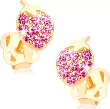 Náušnice Zlaté náušnice 14K ve tvaru jahody s růžovými zirkony