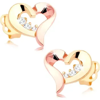 Náušnice Náušnice 14K kombinované zlato ve tvaru srdce se zirkony