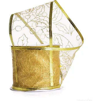 Stuha ZLATÁ SÍŤOVANÁ STUHA S LÍSTKY | dekorační dárková stuha s drátkem | 275 × 6 cm