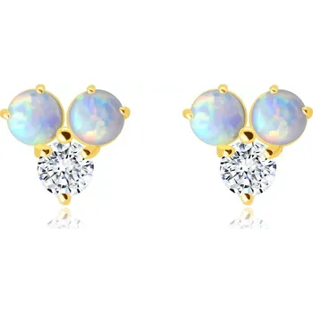 Náušnice Zlaté 585 náušnice - kulatý čirý zirkon, dva bílé syntetické opály s duhovými odlesky, puzetky