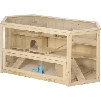 Klec pro malá zvířata, klec pro hlodavce, domeček pro hlodavce s 1 rampou, 1 kolébkou, PawHut | sv.hnědá, Barvy a parametry Materiál dřevo