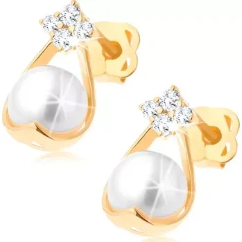 Náušnice Zlaté náušnice 585 - třpytivý čtvereček, kontura kapky s bílou perlou