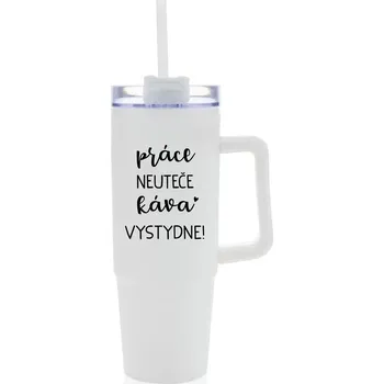 PRÁCE NEUTEČE, KÁVA VYSTYDNE! - bílý cestovní termohrnek s průhledným víčkem 900 ml