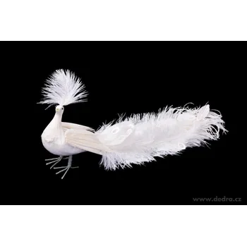 BÍLÝ PÁV S PERLIČKOVÝM CHVOSTEM | opulentní dekorace s peřím a flitry | 50 cm