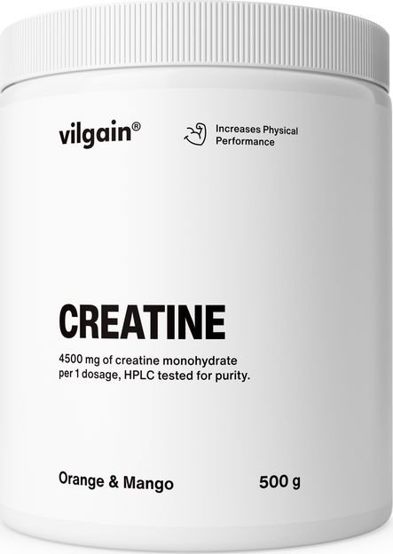 Vilgain Kreatin –⁠ mikronizovaný kreatin monohydrát, vysoká vstřebatelnost, HPLC testovaný, podpora síly a výkonu, doplněk stravy - Mango a pomeranč 500 g