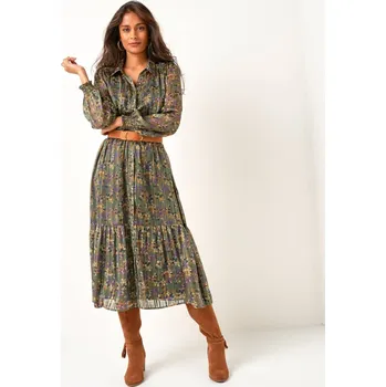 Dámské šaty Dlouhé voálové šaty s potiskem a metalickými vlákny khaki/karamelová 44