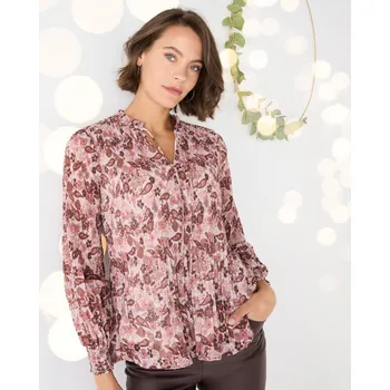 Dámská halenka Plisovaná halenka z voálu s potiskem květin růžová/čokoládová 36