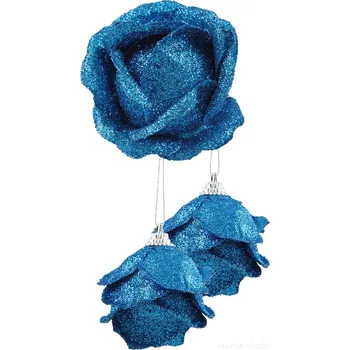 Vánoční dekorace GLITZ ROSES | poupata růží s třpytivým finišem | 3 ks | tyrkysové 5,5 cm Dedra