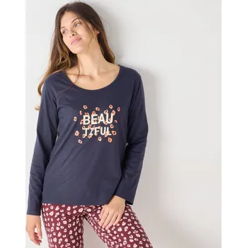 Dámské noční prádlo Pyžamové tričko s dlouhými rukávy a středovým potiskem Beautiful nám. modrá 42/44