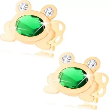 Náušnice Zlaté náušnice 585 - malá blýskavá žabka se zeleným oválem a čirýma očima