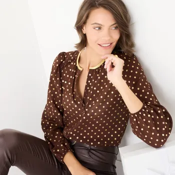 Dámská halenka Voálová halenka se zlatým potiskem puntíků čokoládová 36