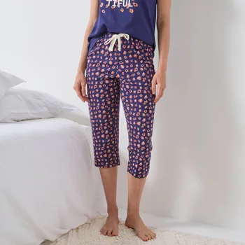 Dámské pyžamo Pyžamové 3/4 kalhoty s potiskem na nohavici nám. modrá/měděná 42/44