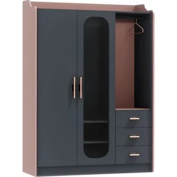 Šatní skříň Třídveřová šatní skříň s osvětlením Khalisa - růžová, černá