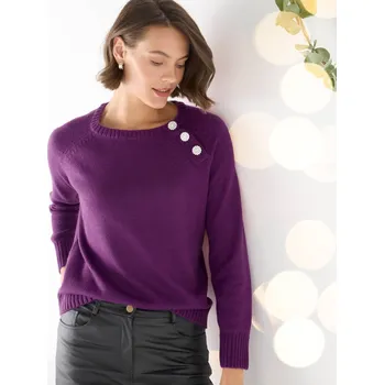 Dámský svetr Pulovr s ozdobnými bižu knoflíky na rameni purpurová 54