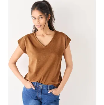 Dámská móda Třpytivé tričko s krátkými rukávy oříšková 34/36