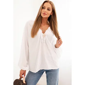 Kesi Dámská halenka ART92320 s nařaseným výstřihem a ozdobou Barva: Bílá, Velikost: UNI