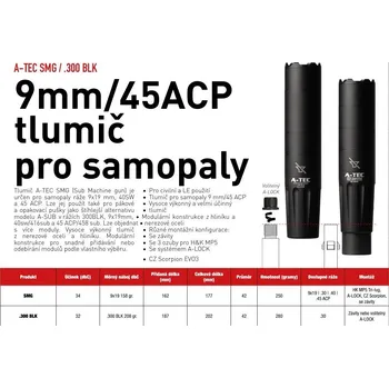 Sport A-TEC Tlumič A-TEC, model SMG, modulový, Ráže: 9mm Luger, na závit M18x1,5mm