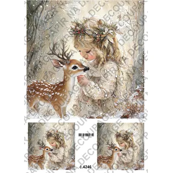 Umělecký papír Rýžový a soft papír na decoupage - Holčička s jelínkem zima - KB04246 Materiál: Soft, Rozměr: A4