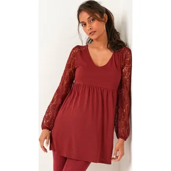 Dámské tričko Tunika s dlouhými krajkovými rukávy bordó 46/48