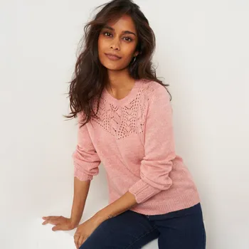 Dámská móda Pulovr s ažurovým vzorem švestková melír 50