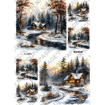 Umělecký papír Rýžový a soft papír na decoupage - Zimní krajinka - KB2261 Materiál: Soft, Rozměr: A4