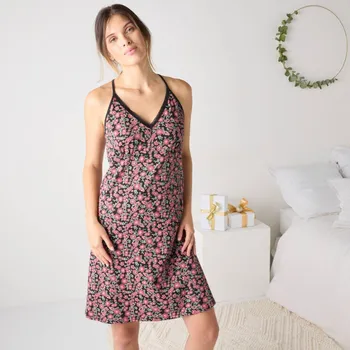 Dámská noční košile Noční košilka s krajkou a potiskem květin černá/bordó 34/36