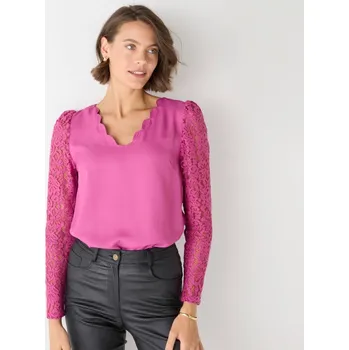 Dámská halenka Halenka s krajkovými rukávy a stuhou na zádech purpurová 52