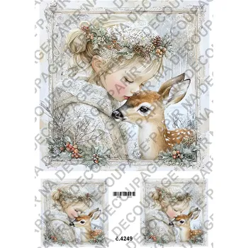 Umělecký papír Rýžový a soft papír na decoupage - Holčička s jelínkem zima - KB04249 Materiál: Soft, Rozměr: A4
