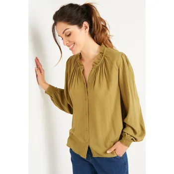 Dámská halenka Jednobarevná košilová halenka s macramé olivová 42