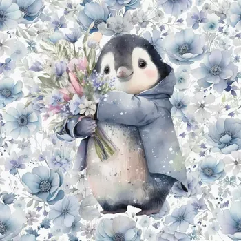 Teplákovina Tučňák modré květy, panel (E) (Panely a ladící metráž)