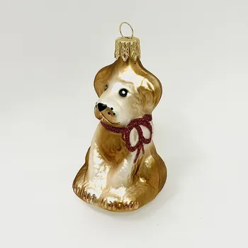 Vánoční ozdoba IRISA Skleněná vánoční ozdoba pejsek se stužkou – 8 cm 8 cm hnědá