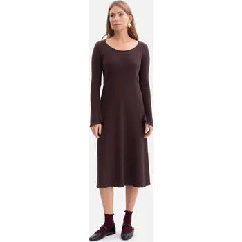 Dámské šaty B308 Midi šaty z žebrového úpletu - tmavá čokoláda EU M