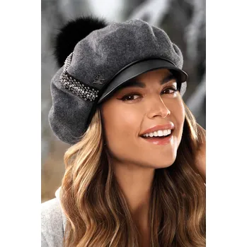 Čepice Luxusní dámský zimní baret s kšiltem a bambulí W-0640/844 tmavě šedý melange